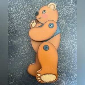 Vintage Wooden Hand-Carved Jointed Teddy Bear With Movable Limbs Hand Painted